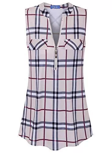 Amrto Ärmellose Blusen Amrto Damen V-Ausschnitt Shirts Casual Bluse mit Reißverschluss Tunika Tops