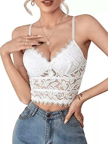 SheIn Tops SheIn Damen Bauchfreies Top Mesh-Spitze Camisole Crop Tops Spitzentop Bralettes Spaghettiträger Cropped Oberteil
