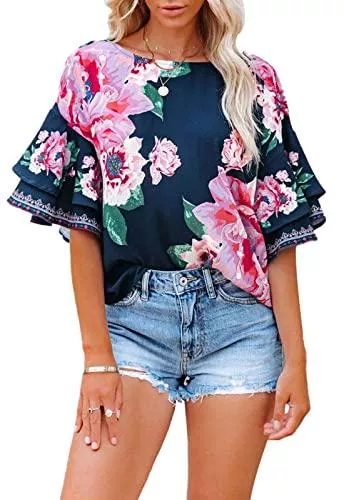 ANCAPELION Kurzarmblusen ANCAPELION Damen Bluse mit Blumen Casual Oberteile Lose Sommer T-Shirt Glockenärmel Rundhals Tops für Female