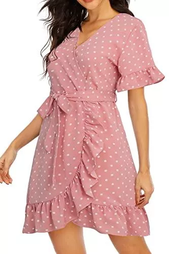 Hormtaer Freizeit Hormtaer Sommerkleid Damen Kurzarm V-Ausschnitt Elegant Minikleid Strandkleid Knopfleiste Polka Dot Kurze Freizeitkleider mit Gürtel