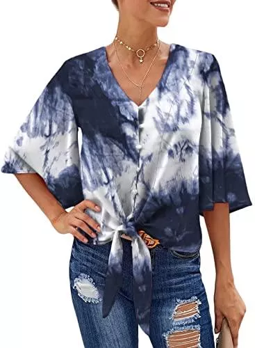 Elegancity Kurzarmblusen Elegancity Damen Bluse V-Ausschnitt Lose Seiden Tunika Fledermausärmel Hemd Casual Tops T-Shirt Oberteile S-2XL