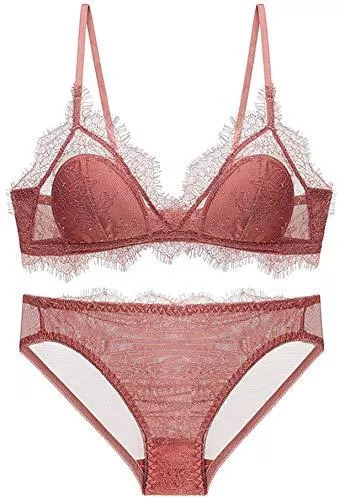 SHEKINI Unterwäsche & Dessous SHEKINI Damen BH Set,Spitzen Unterwäsche Set BH Ohne Bügel und Slip Bralette und Hipsters Nicht Abnehmbarer Bra Panty Dessous Sets mit Hakenverschluss und Verstellbare Träger(Karamellfarbe,L)