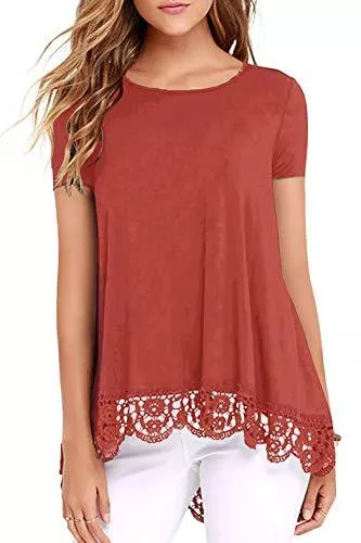 Odosalii Kurzarmblusen Odosalii Damen Kurzärmelige Bluse Elegant Pullover Rundhals Spitze Sommerbluse Tunika Top Sexy Lang Oberteil