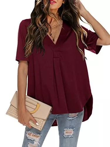 Beluring Kurzarmblusen Beluring Tshirt Damen Kurzarm V-Ausschnitt Shirt Sommer Plissiert Seitensplit Tunika Oberteile