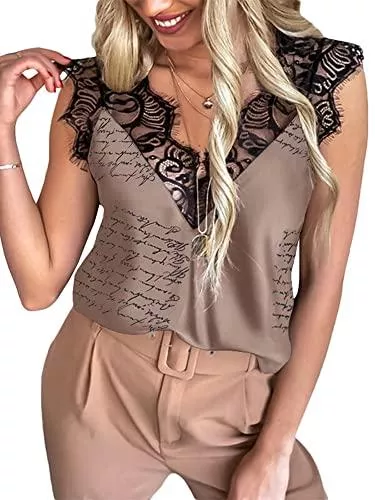 ZANZEA Tops ZANZEA Damen Ärmellos V-Ausschnitt Tank Tops mit Spitze Weste Sommer Strand Vest Bluse