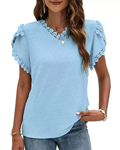 FCSONU Kurzarmblusen FCSONU Damen Sommer Blütenblatt Kurzarm Tops V-Ausschnitt Lässig Häkeln Spitze Oberteile Bluse Hemd Swiss Dot T Shirt