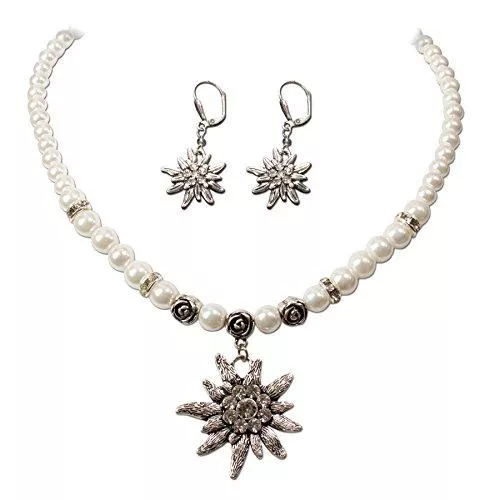 Heimatflüstern Schmuck Schmuckset Trachtenkette & Edelweiß-Ohrhänger - Damen Trachtenset Perlenkette & Trachten-Ohrringe, Dirndlkette Strass-Edelweiss für Trachtenbluse, Oktoberfest Dirndl-Schmuck (creme-weiß)