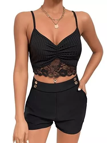 SheIn Tops SheIn Damen Spitzen Crop Cami Top Bauchfrei Sommer Tops Tiefer V Ausschnitt Spaghettiträger Cropped Camisole