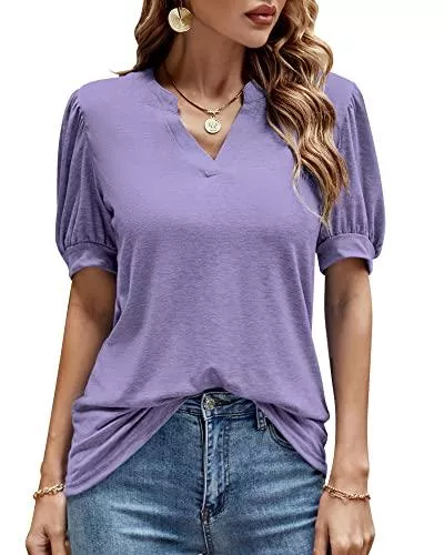 Bequemer Laden T-Shirts Bequemer Laden Damen Sommer Casual T-Shirt V-Ausschnitt Puff Kurzarm Tunika Oberteile T-Shirt Tops Bluse