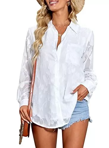 HOTAPEI Langarmblusen HOTAPEI Damen Blusen Elegant Hemden Oberteile Langarmshirt mit Knopfleiste V-Ausschnitt Chiffon Transparent Sassy Arbeit T Shirt Hemdbluse Mode Geblümte Top Loose Party S/M/L/XL/XXL