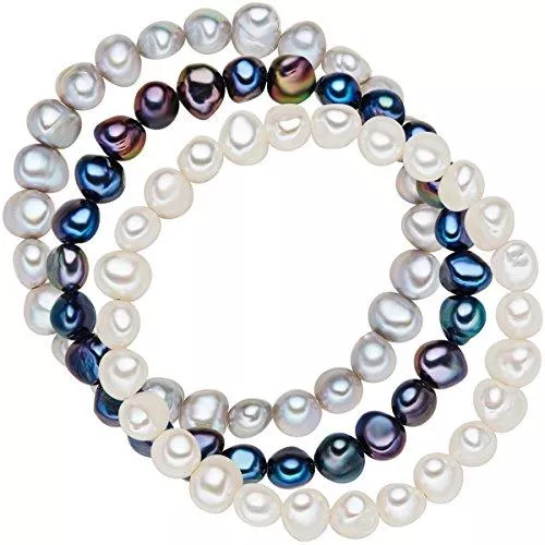 Valero Pearls Schmuck Valero Pearls Damen-Armband 3er Set hochwertige Süßwasser-Zuchtperle hellgrau weiß blau 19 cm - Perlenarmbänder mit echten Perlen weiss dunkelblau grau 60201782