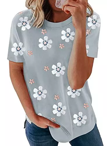 Modasua T-Shirts Modasua Damen T-Shirts Tops Short Sommer Drucken Rundhalsausschnitt Tunika Bluse Oberteile Noos Bluse Casual Tee