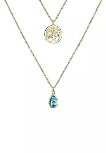 Elli Schmuck Elli Halskette Damen Lebensbaum Drop Lagen Look mit Kristalle in 925 Sterling Silber vergoldet