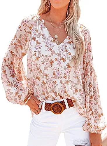 Dokotoo Langarmblusen Dokotoo Damen Boho Bluse Langarm Chiffon Tunika Casual Blumen Oversize Oberteile Tshirt Tops S-2XL