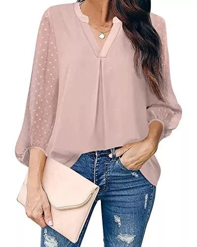 Maxwinee Langarmblusen Maxwinee Bluse Damen V-Ausschnitt Chiffon Blusenshirt 3/4 Netz Ärmel Sommer Oberteile Elegant
