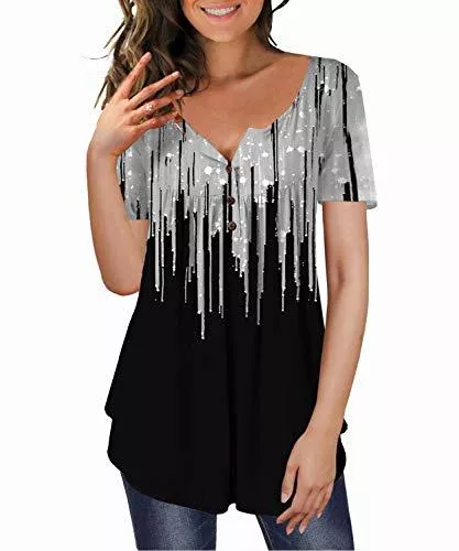 TUDOU Kurzarmblusen TUDOU Damen T-Shirt Langarm V-Ausschnitt Floral Knopfleiste Plissee Henley Bluse Casual Locker Blumen Tunika Tops