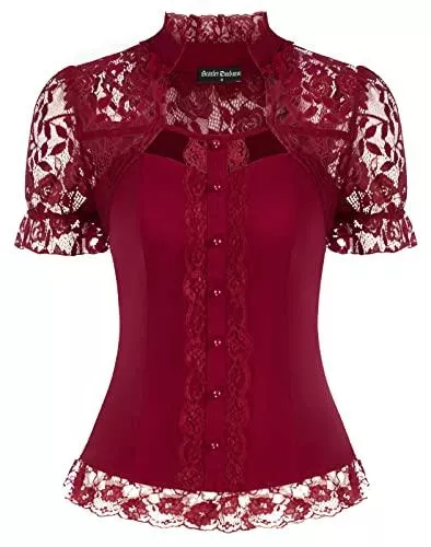SCARLET DARKNESS Kurzarmblusen SCARLET DARKNESS Damen Steampunk Spitze Patchwork Tops Kurzarm Stehkragen Tops
