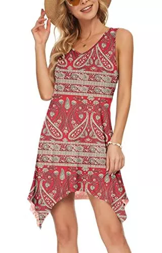 AUSELILY Freizeit AUSELILY Damen Kleid Sommer Ärmellos Sommerkleid Kurze Strandkleider V Ausschnitt Leichte Freizeitkleid