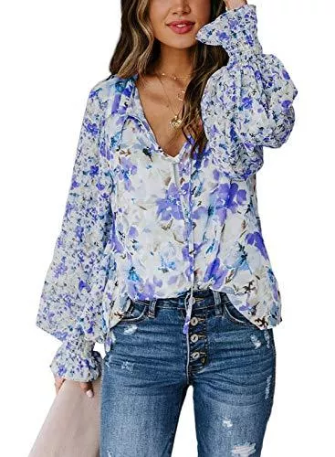 Dokotoo Langarmblusen Dokotoo Damen Boho Bluse Langarm Chiffon Tunika Casual Blumen Oversize Oberteile Tshirt Tops S-2XL