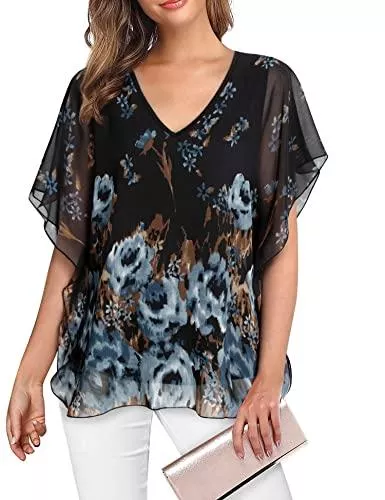 VAFOLY Kurzarmblusen VAFOLY Damen Chiffon Elegant Dressy Bluse Volant Flatterärmel Doppellagiges Hemd V-Ausschnitt Arbeitsoberteile