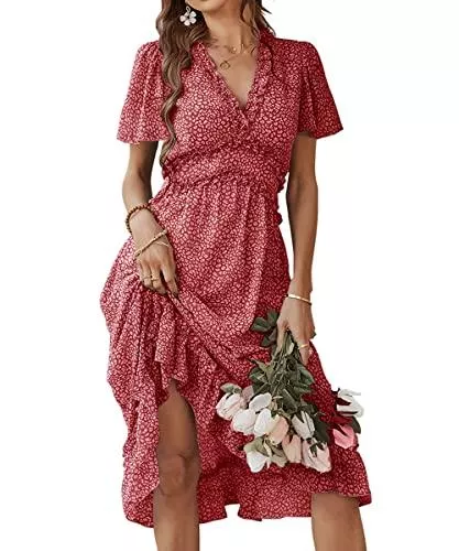 Acramy Freizeit Acramy Damen V-Ausschnitt Sommerkleid Kurzarm Blumen Kleider Lang Sommer Boho Kleid