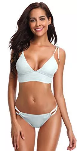 SHEKINI Bademode SHEKINI Damen Besondere Plissee Bikini Set V-Ausschnitt Rückenfrei Verstellbar Ties-up Bikinioberteil Zweiteiliger Badeanzug Niedrig Tailliert Triangel Cutout Bikinihose Bademode