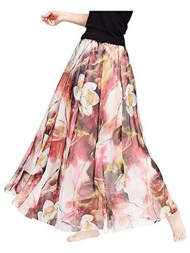 Camilife Röcke Damen Chiffon Geblümter Strandrock Maxirock Langer Rock Gedruckter Chiffonrock Weich Glatt Dünn Cool für Sommer Rocklänge 80cm/90cm