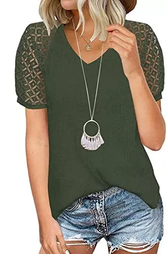 MEDUOLA T-Shirts MEDUOLA Damen Spitzenbluse Elegantes Basic V-Ausschnitt Kurzarm T-Shirt Frau Transparent Mesh