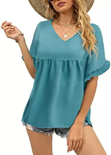 VIGVAN Kurzarmblusen VIGVAN Damen Bluse Sommer Tunika Oberteile Elegant V-Ausschnitt Kurzarm Shirt Lässige Lose T-Shirt Tops mit Rüschenärmel
