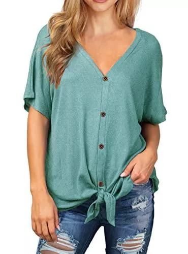 IWOLLENCE Kurzarmblusen Tshirt Damen Sommer Kurzarm Knopf Stricken Waffle Henley Tops Damen Oberteile T-Shirt V Ausschnitt Fledermausärmel Krawattenknoten mit Button