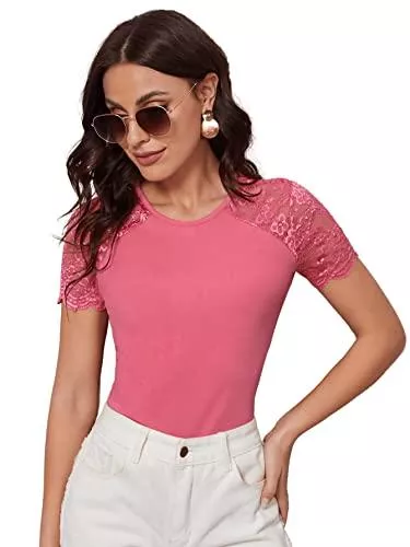 SheIn T-Shirts SheIn Damen Elegant Oberteil Tops T-Shirt Spitzenarm Oberteile Sommer Slim Shirts Einfarbig Basicshirt mit Rundhals