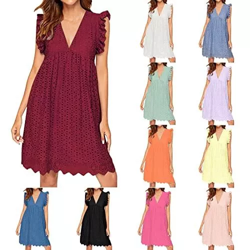 YIDYFA Freizeit YIDYFA Damen Sommerkleid V Ausschnitt Ärmel Spitze Kleid Strandkleid mit Shorts Sommer Rüsche Kleid Casual Lose Minikleid mit Taschen Freizeitkleider