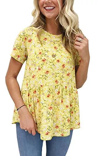 Hibluco T-Shirts Hibluco Damen Rundkragen Sommer Oberteile Kurzarm Blumen Hemd Tunika Bluse