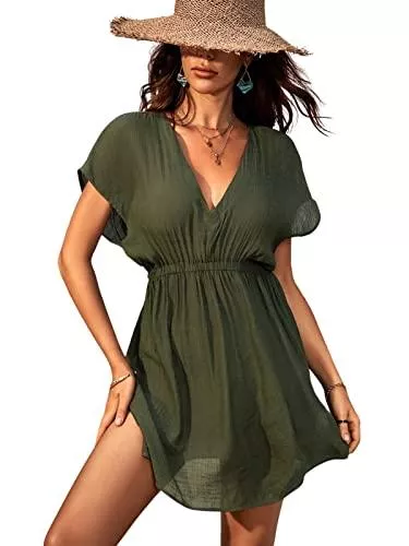 CUPSHE Freizeit CUPSHE Damen Strandkleid Bikini Cover Up V Ausschnitt Kurzarm Seitenschlitz Sommer Strandponcho Beach Mini Dress