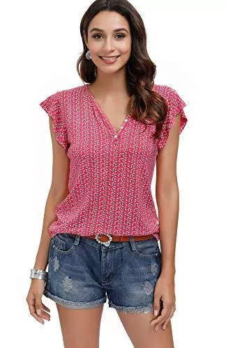 DOTIN T-Shirts DOTIN Damen T-Shirt Kurzarm Sommer Shirt mit Allover Mininal Druck V-Ausschnitt Rüsche Ruffle Casual Oberteile Bluse Tops