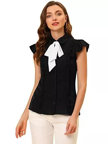 Allegra K Kurzarmblusen Allegra K Damen Ärmellos Bubikragen Rüschen Fliege Knopfleiste Chiffon Top Shirt Bluse