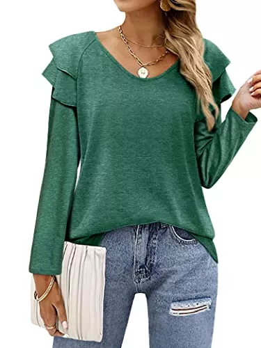 WIEIYM Langarmshirts WIEIYM Langarmshirt Damen V-Ausschnitt Oberteile Rüschenärmel Langarm Longshirt Elegant Solide Tunika Tops