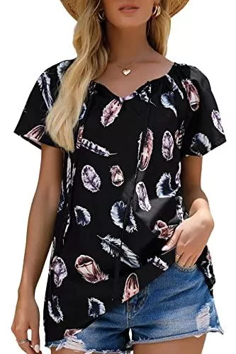 Hiistandd Kurzarmblusen Hiistandd Damen T-Shirt Sommer Kurzarm Rundhals Tops Feder Gedruckt Tunika