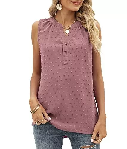 Bequemer Laden Ärmellose Blusen Bequemer Laden Damen Sommer Ärmellose Tshirt Tank Top V-Ausschnitt Knopfleiste Swiss Dot Casual Tops Oberteile T-Shirt Bluse