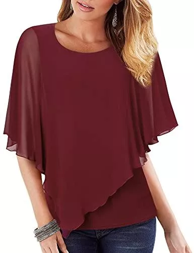 VAFOLY Kurzarmblusen VAFOLY Damen Chiffon Lose Fledermaus Bluse mit Kurzen Flatter ärmel Leichte Fließende Bluse Rundhalsausschnitt Doppellagige Poncho Tuniken