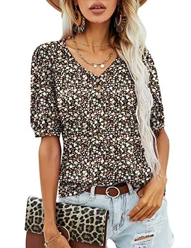 Rapbin Kurzarmblusen Rapbin Damen Puff Kurzarm T-Shirt Tops V-Ausschnitt Oberteile Sommer Tshirt Taste Einfarbig Elegant Blusen