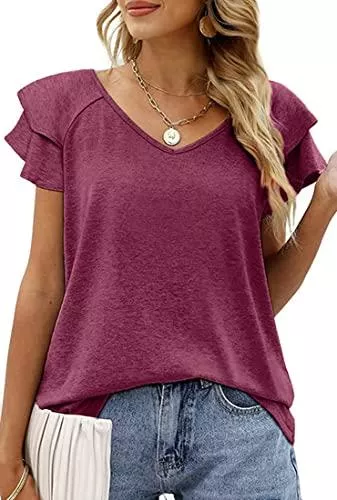 OLIPHEE T-Shirts OLIPHEE Damen T-Shirt Kurzarm Sommer Top einfarbigen V-Ausschnitt Rüsche Ruffle Casual Oberteile
