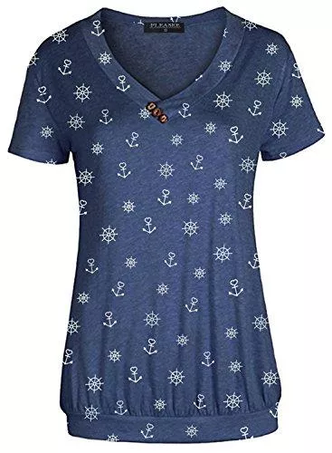 FLEASEE T-Shirts FLEASEE Damen T-Shirt Lässig Kurzarm Basic Tee V-Ausschnitt Shirts Stretch Falten Tunika mit Knöpfen Allover Minimal Druck Sommer Oberteile Tops
