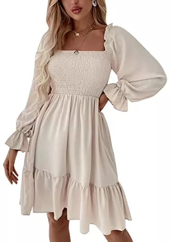 Maeau Freizeit Maeau - Kleid Rüschen Quadratischer Kragen Langarm Midikleid Elegant Lässig Frühling Sommer Kurzes Kleid A-Linie Slim Fit Minikleid mit hoher Taille