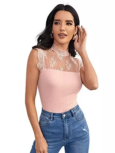 DIDK Ärmellose Blusen DIDK Damen Oberteil Elegant Top mit Spitzen Lässig Bluse T-Shirt Oberteile Tops Einfarbig Sommershirts