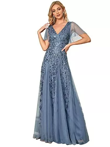 Ever-Pretty Abendkleider Ever-Pretty Damen A-Linie Abendkleider V-Ausschnitt Romantisches Kurze Ärmel Elegant Partykleid Lang 00734