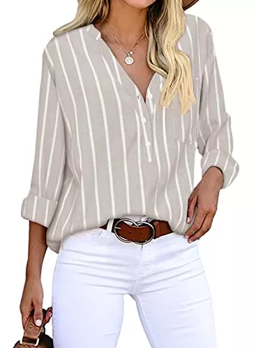 Cindeyar Langarmblusen Cindeyar Bluse Damen Langarm Streifen Oberteile Casual Langarmshirt Tops Lose Baumwolle Tunika Hemd