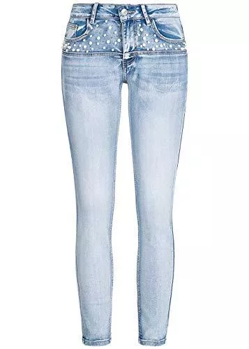 Seventyseven Lifestyle Jeans Seventyseven Lifestyle Damen Ankle Skinny Jeans Deco Pearls 5-Pocktes hell blau Denim