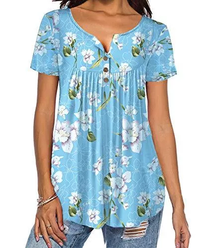 DEMO SHOW Kurzarmblusen DEMO SHOW Damen Tunika Top Locker Langarm V Ausschnitt Knopfleiste Plissiert Floral Henley Shirt Bluse T Shirt