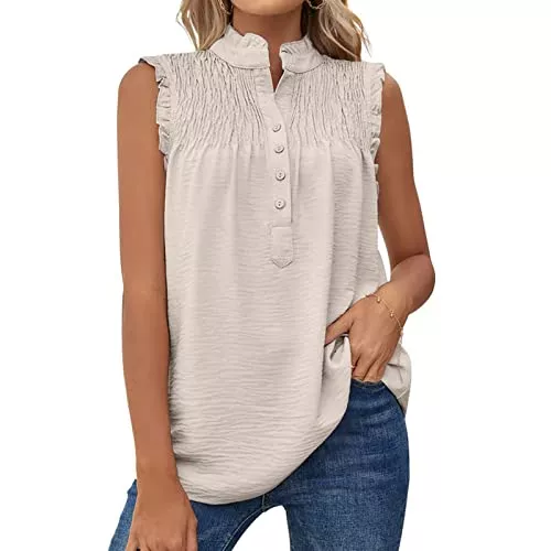 Ejoyous Ärmellose Blusen Ejoyous Damen-Sommer-Tanktop, Lässige Rüschenhemden, Lässige, ärmellose Polyester-Hemden, Maschinenwaschbare, Geknöpfte Weste, ärmelloses, Bequemes Schatzhemd, Maschinenwaschbar, 100% Polyester